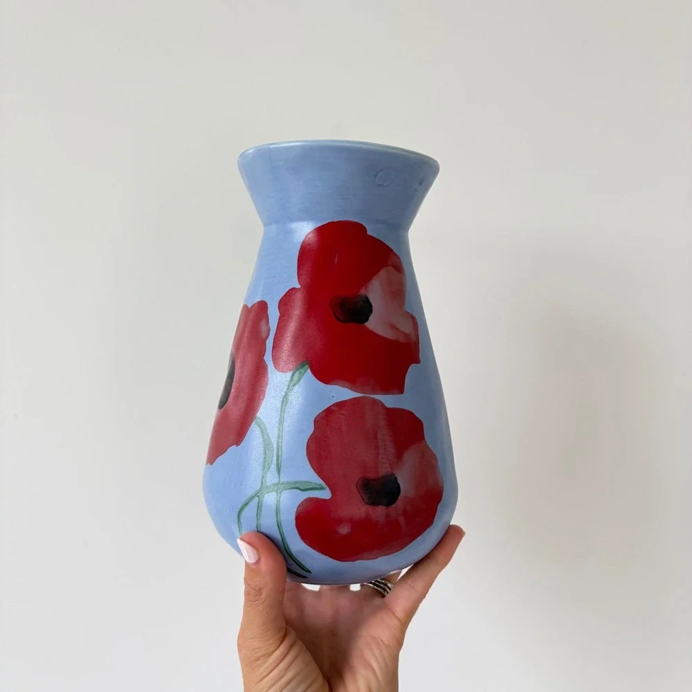 Anthropologie Benni Kury A Sunday Painter Ceramic Vase Poppy Floral 8.5in